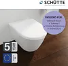 A white toilet seat is shown in a bathroom setting with wooden flooring. There are several informational overlays and logos. Anteprima dell’immagine prodotto