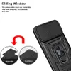 A close-up marketing image of a black phone case with a sliding camera cover and a ring stand. The image also includes diagrams illustrating the removable and installation of the camera cover. Produktbild-Vorschau