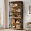 A tall, industrial-style bookshelf filled with books and decorative items, placed in a living room setting next to a window with curtains and a sofa. Náhled obrázku produktu
