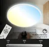 A modern LED ceiling light with a remote control, showcasing its dimmable and color temperature changing features. Náhľad obrázku produktu