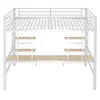 A white metal loft bed with wooden shelves and desk surface, shown from the front. Produktbild-Vorschau