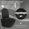 A black matte toilet with text and icons highlighting its features. Podgląd zdjęcia produktu