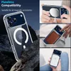 A collage showing a clear phone case with MagSafe compatibility, demonstrating its use with magnetic accessories like a charger and a wallet. Produktbild-Vorschau