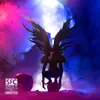 A dark, winged figure crouches on an apple, with a bright light shining from above, surrounded by pink and blue smoke. Voir les images du produit