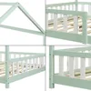 A collage of four close-up images of a mint green children's house bed frame, showing details of the construction and railing. Produktbild-Vorschau