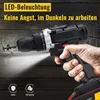 A hand holding a cordless drill with an LED light illuminating the work area. Produktbild-Vorschau