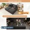 A split image showing a sofa during the day and a couple sleeping on it at night, with feature callouts. Produktbild-Vorschau