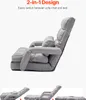 A grey floor chair is shown in a reclined position, with smaller images below showing it in different folded and unfolded states. Voir les images du produit