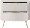 A front view of a beige nightstand with two drawers and gold legs. Produktbild-Vorschau