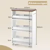 A diagram showing the dimensions of a white and brown shelving unit with wheels. Podgląd zdjęcia produktu