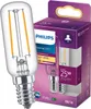 A Philips LED light bulb and its packaging are shown. The packaging is purple and white, with product details and branding visible. The light bulb is clear glass with visible filament-like LED elements. Produktbild-Vorschau