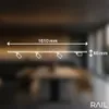 A diagram of a light rail fixture with dimensions is overlaid on a blurred background of a dining area. Anteprima dell’immagine prodotto