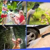 Collage of four images showing a portable camping shower being used in different scenarios: washing a dog, watering plants, showering outdoors, and washing a car. Produktbild-Vorschau
