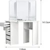 A white corner dressing table with a tri-fold mirror and drawers, shown with dimensions. Produktbild-Vorschau