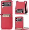 A collage of images showing a red flip phone case from different angles, with a card slot on one of the views. Produktbild-Vorschau