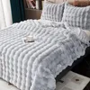 A light gray plush blanket is laid out on a bed with two matching pillows. Náhled obrázku produktu