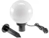 A white globe garden light with a black base and a black ground spike, shown on a white background. Produktbild-Vorschau