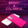 A neon sign with the words "BRIGHT & COLORFUL" is displayed above two phone cases, one pink and one white, resting on a wooden surface. Anteprima dell’immagine prodotto