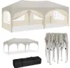 A collage of images showing a beige pop-up canopy tent in different states: fully assembled and open, assembled and closed, and folded in a carrying bag, along with its frame. Produktbild-Vorschau