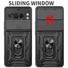 Two views of a black phone case with a sliding camera cover and a ring stand. Produktbild-Vorschau
