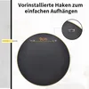 The back of a round mirror is shown with mounting hardware and a measurement. Produktbild-Vorschau