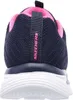 The back view of a navy and pink Skechers sneaker. Voir les images du produit