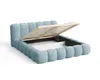 A blue upholstered bed frame with its storage mechanism open, shown against a white background. Voir les images du produit