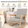 A modern rocking chair with armrests is shown in a bedroom setting, next to a bed and a dresser. The image includes marketing text and icons highlighting product features. Podgląd zdjęcia produktu