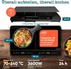 Collage showing an induction cooktop with food and its specifications. Produktbild-Vorschau