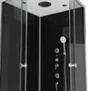 A close-up view of a modern black shower cabin with silver fixtures. Produktbild-Vorschau