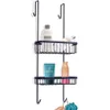 A black metal shower caddy with two shelves, hanging on a white background. It holds several bottles and tubes of toiletries. Náhled obrázku produktu