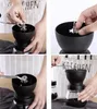 A collage of four images showing the assembly and use of a manual coffee grinder. Náhľad obrázku produktu