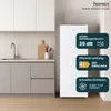 A white refrigerator in a modern kitchen setting, with informational overlays. Produktbild-Vorschau