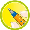 A close-up illustration of fingers holding an orange and blue marker pen against a yellow and green circular background. Anteprima dell’immagine prodotto