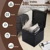 A black storage ottoman is shown open, with pillows and books inside. The image has a brown sidebar with icons and text. Podgląd zdjęcia produktu