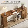 A long, narrow wooden console table with decorative items on top and around it. Náhľad obrázku produktu