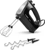 A black Bosch hand mixer with silver accents is shown on a white background, with two sets of beaters. Produktbild-Vorschau