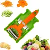 A multi-purpose vegetable peeler and slicer is shown with examples of its output, such as shredded carrots, carrot slices, and cucumber ribbons. A pile of fresh vegetables is also visible in the background. Voir les images du produit