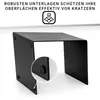 A black metal side table with protective feet is shown against a white background. Text and an icon are overlaid at the top. Produktbild-Vorschau