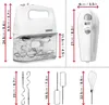 A collage showing a hand mixer with its accessories and dimensions. Produktbild-Vorschau
