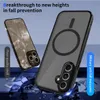 Two phone cases are shown, one with a marble-like texture and the other a translucent black case with a magnetic ring. The background is a gradient of light gray to blue with shattered blue pieces at the bottom. Náhled obrázku produktu
