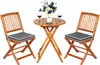 A wooden bistro set with two chairs and a table, set against a white background.
