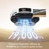 A robotic vacuum cleaner hovering above a textured surface, with blue suction beams and dust particles being pulled upwards. Text indicates suction power and brush type. Produktbild-Vorschau