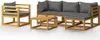 A wooden outdoor lounge set with gray cushions, including an armchair, a coffee table, and a sectional sofa with an ottoman, displayed on a white background. Náhled obrázku produktu