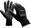 A pair of black work gloves with gray grip patterns on the palm side, displayed against a white background. Anteprima dell’immagine prodotto