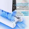 A white PS5 cooling stand with blue airflow graphics and text overlays. Produktbild-Vorschau
