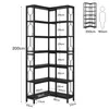 A diagram showing the dimensions of a black corner bookshelf. Náhled obrázku produktu
