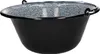 A black enamel cauldron with a speckled interior and metal handles, shown from a side angle against a white background. Produktbild-Vorschau