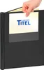 A hand inserts a title page into a black binder. Produktbild-Vorschau