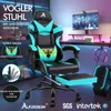 A gaming chair with a footrest is shown in a room with colorful lighting. Produktbild-Vorschau